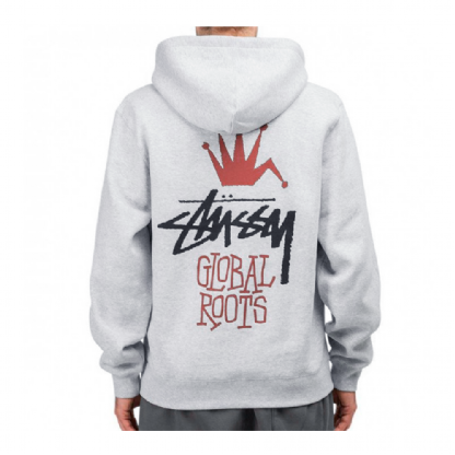 Moletom Stussy Global Roots Hood. Cinza
